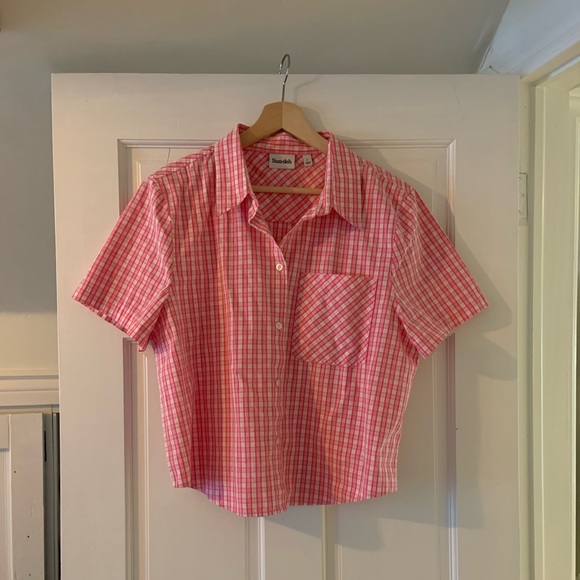 Aritzia Sunday Best cropped shortsleeve button down in pink plaid, size large. - Picture 2 of 4